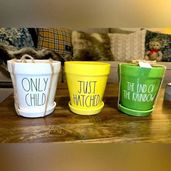 NWT RAE DUNN Magenta Set of 3 Ceramic Flower Pot Planters White/Yellow/Green - Picture 1 of 3